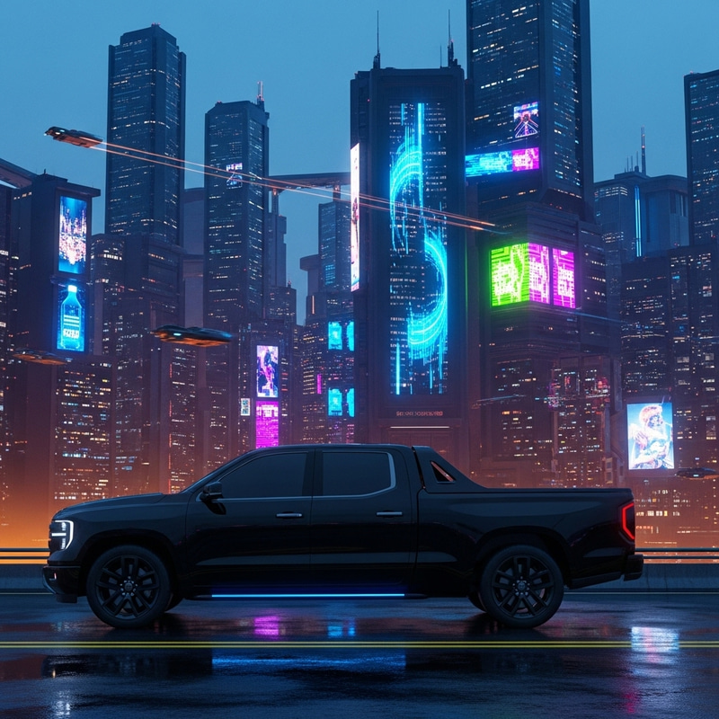 Polarized Black Pickup Truck in Cyberpunk Cityscape Polarized Black Pickup Truck in Cyberpunk Cityscape
