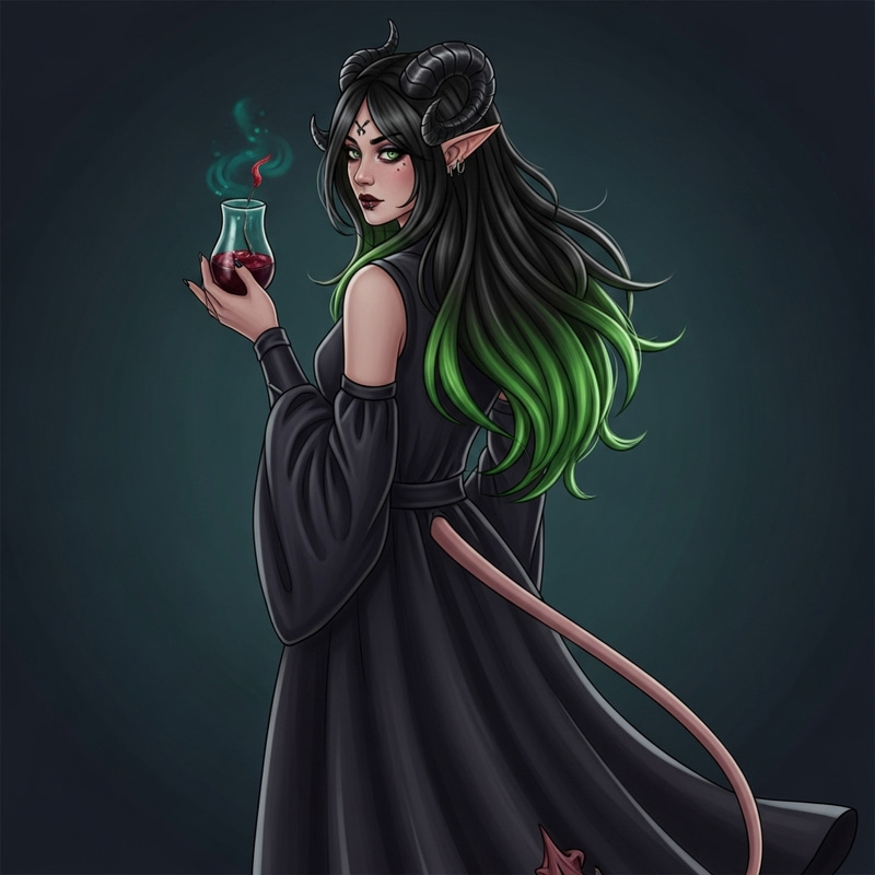 Tiefling Female with Luscious Black Hair and Green Streaks Tiefling Female with Luscious Black Hair and Green Streaks