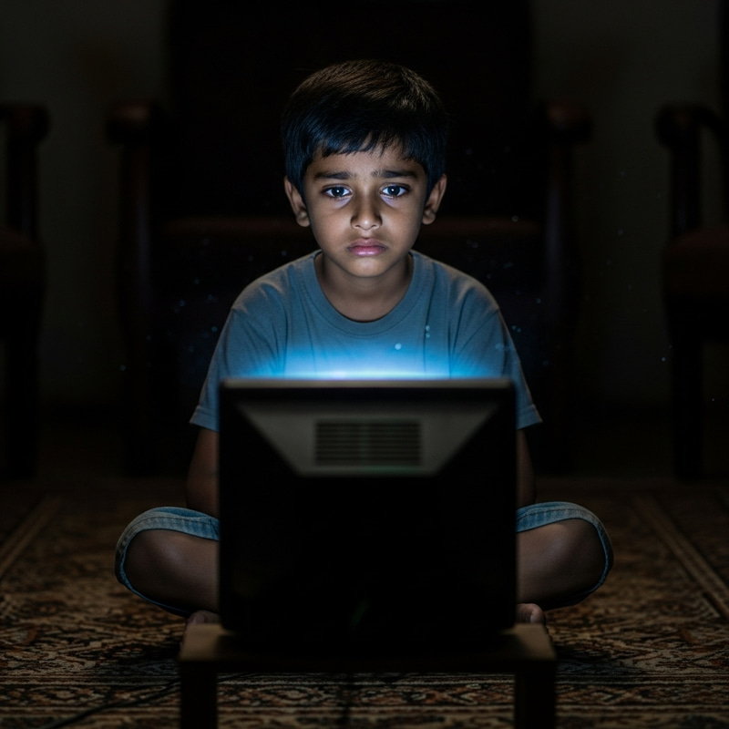 Sad South Asian Boy Engrossed in TV Screen in Dimly-Lit Room