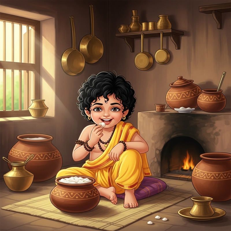 Enchanting Scene of a South Asian Boy Enjoying Makhan in Traditional Kitchen