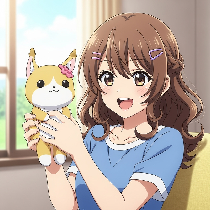 Anime Girl Joyfully Holding Cute Plushie - Asian Descent