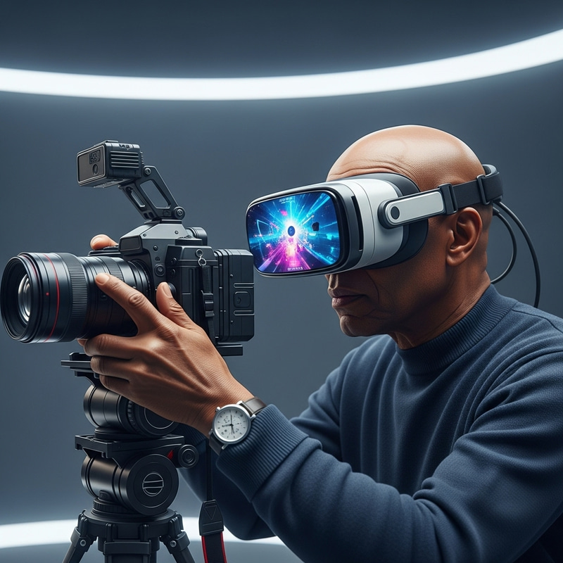 Elderly Black Futuristic Photographer with High-Tech Gear Elderly Black Futuristic Photographer with High-Tech Gear