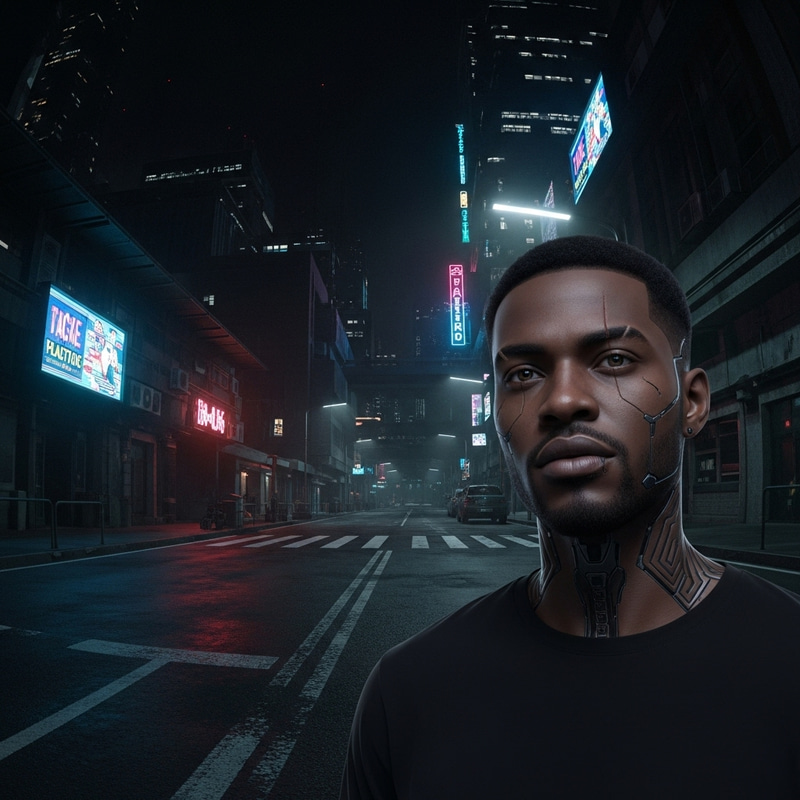 Futuristic Cyberpunk Cityscape with Scarred Cybernetic Man Futuristic Cyberpunk Cityscape with Scarred Cybernetic Man