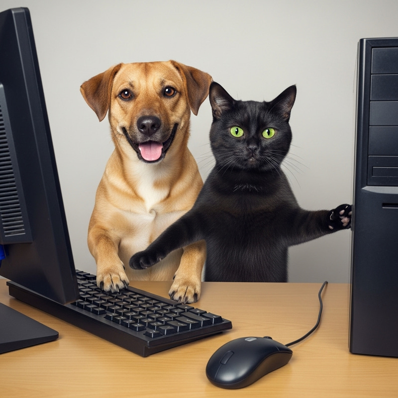 Cat and Dog Typing Joyfully at Computer - Fun Dance Scene Cat and Dog Typing Joyfully at Computer - Fun Dance Scene