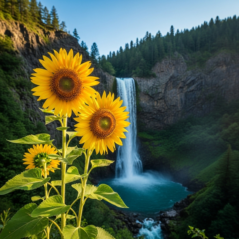 Sunflowers and Scenic Waterfall Landscape Sunflowers and Scenic Waterfall Landscape