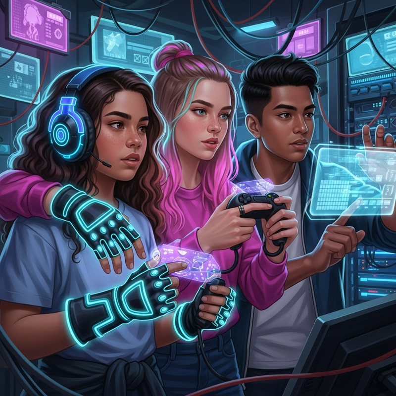 Cyberpunk Gamer Friends: Trio of Neon Blue, Pink, and Haptic Controls Cyberpunk Gamer Friends: Trio of Neon Blue, Pink, and Haptic Controls