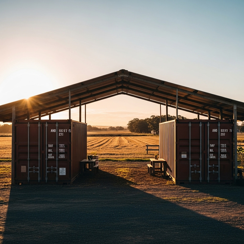Golden Hour Farm Setting: Canopy over Shipping Containers