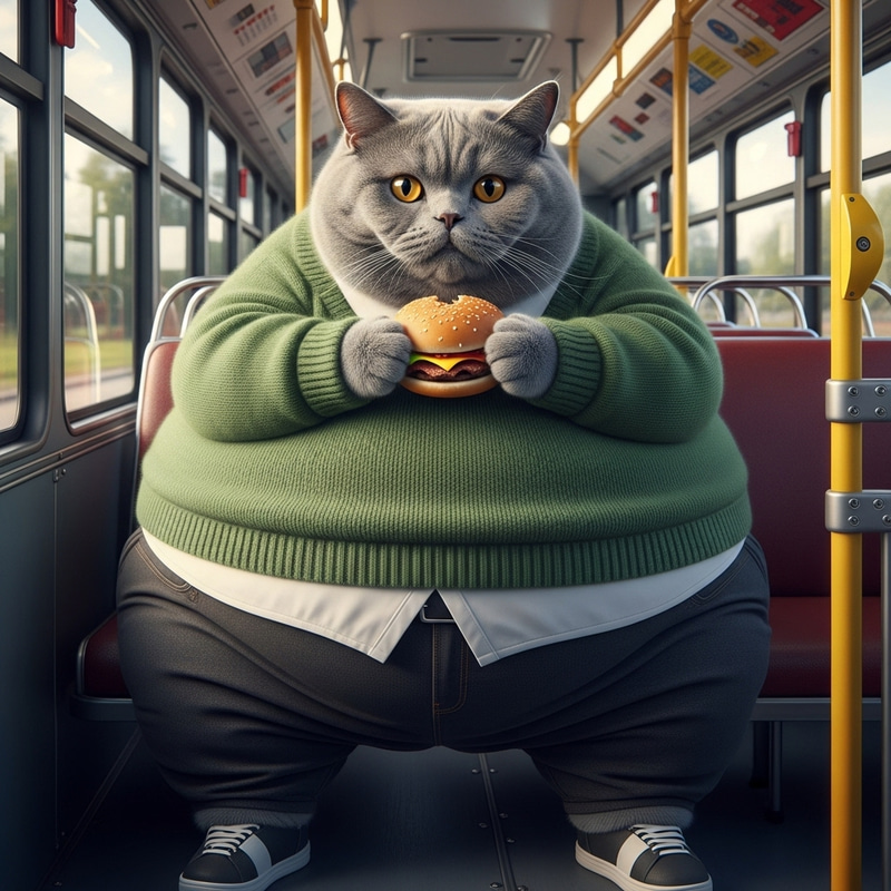 Overweight Grey British Shorthair Cat in Bus Eating Burger Overweight Grey British Shorthair Cat in Bus Eating Burger
