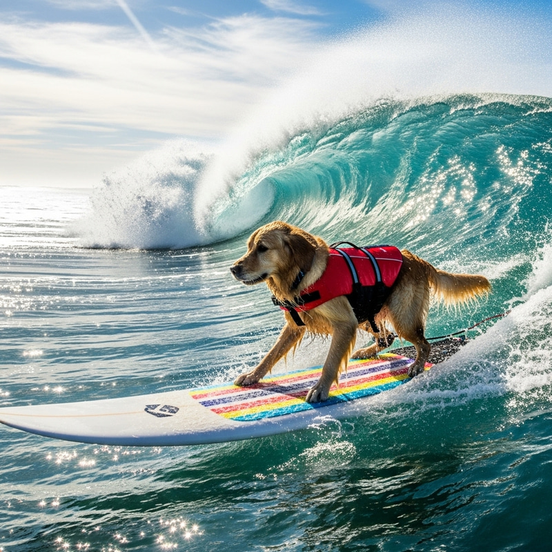 Dog Surfing on Wave: Brave Pooch Balancing Skillfully