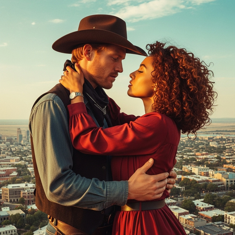Vintage Romance: Rugged Cowboy Embracing Auburn Beauty in Urban Prairie