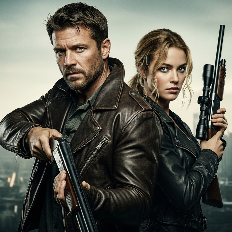 Post-Apocalyptic Man in Leather Jacket with Shotgun & Sniper Beauty Post-Apocalyptic Man in Leather Jacket with Shotgun & Sniper Beauty