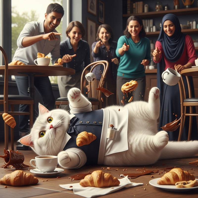 Realistic British Cat Café Waiter Chaos Scene Realistic British Cat Café Waiter Chaos Scene