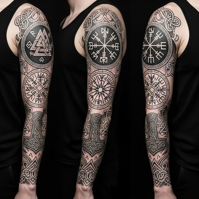 Viking Arm Tattoo Sleeve with Intricate Nordic Designs Viking Arm Tattoo Sleeve with Intricate Nordic Designs