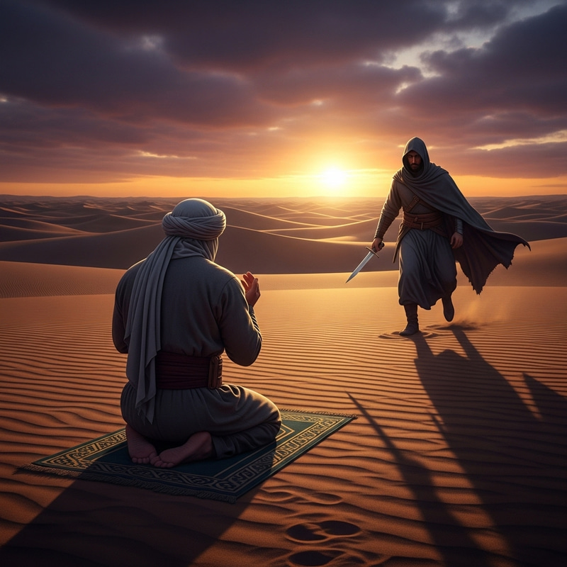 Desert Prayer Ambush: Man Praying Attacked in Abbasid Era Desert Prayer Ambush: Man Praying Attacked in Abbasid Era