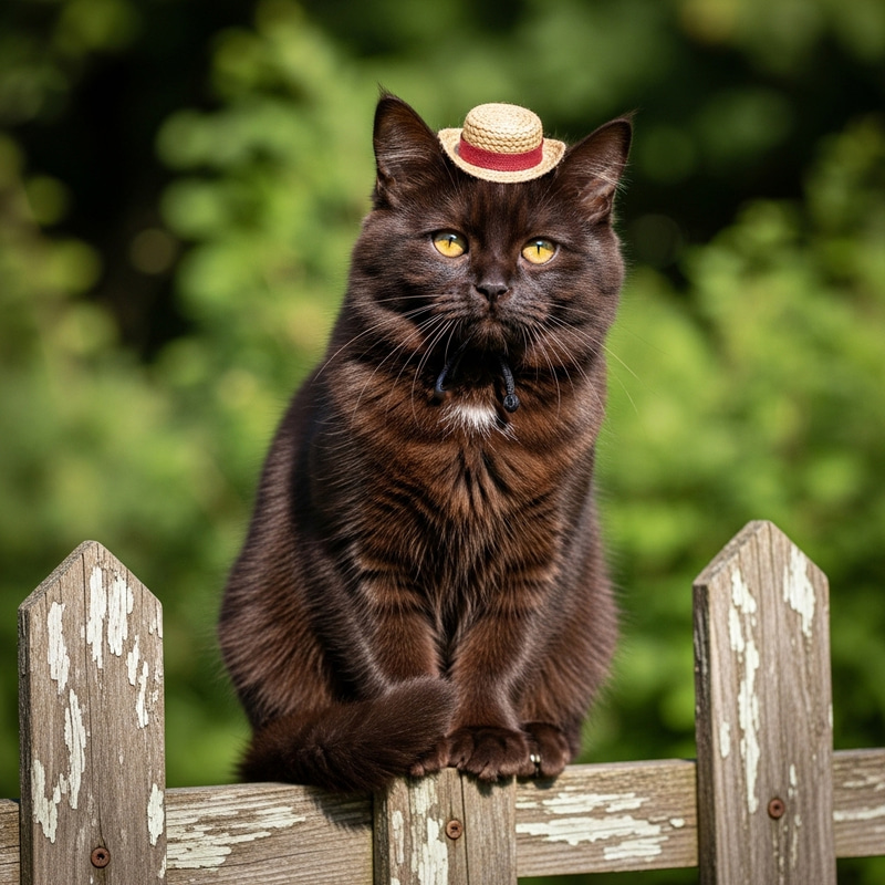 Sleek Dark Brown Cat with Hat Perched on Fence Sleek Dark Brown Cat with Hat Perched on Fence
