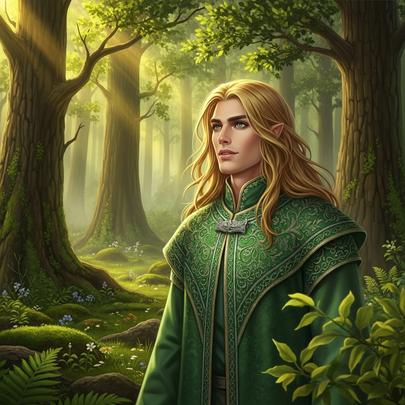 Beautiful Young Man with Long Golden Hair in Green Forest