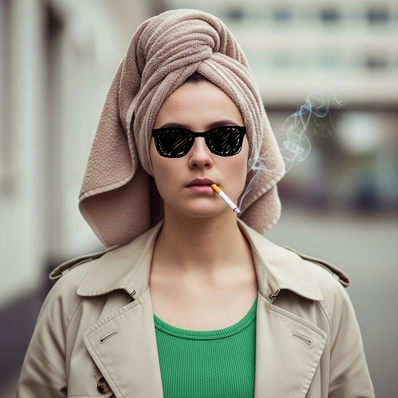 Stylish Person Wearing Towel Headwrap and Hand-Drawn Sunglasses