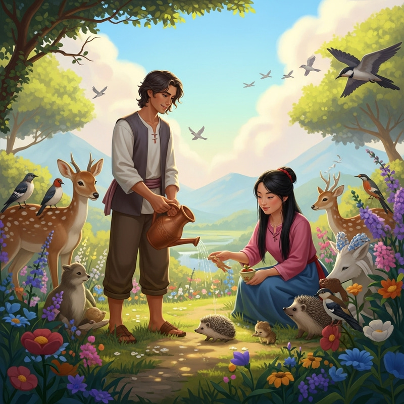 Adam and Eve Tending Garden: Plant Watering & Animal Care