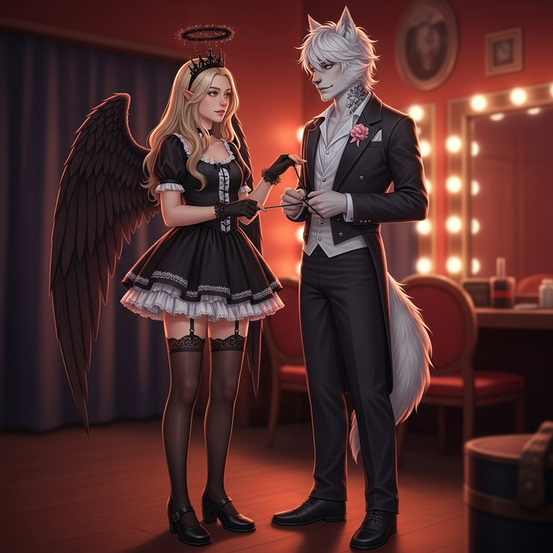 Mysterious Magical Performance: Blonde Girl & Werewolf Guy in Realistic Style Mysterious Magical Performance: Blonde Girl & Werewolf Guy in Realistic Style