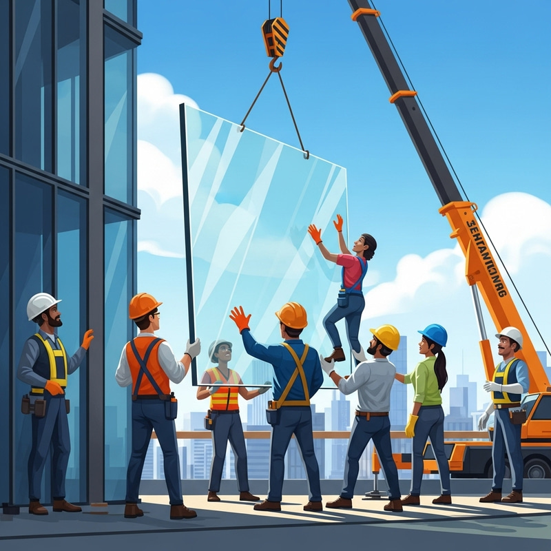 Glass Panel Installation: Skilled Laborers, Modern Building | Urban Construction Glass Panel Installation: Skilled Laborers, Modern Building | Urban Construction