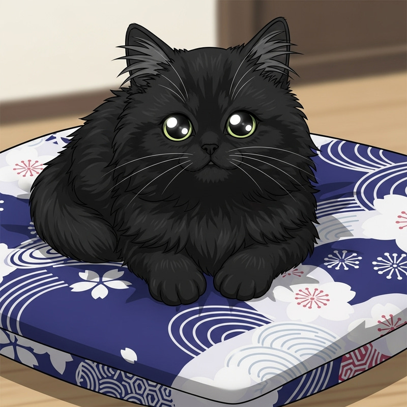Cute Black Persian Kitten on Soft Cushion in Anime Style