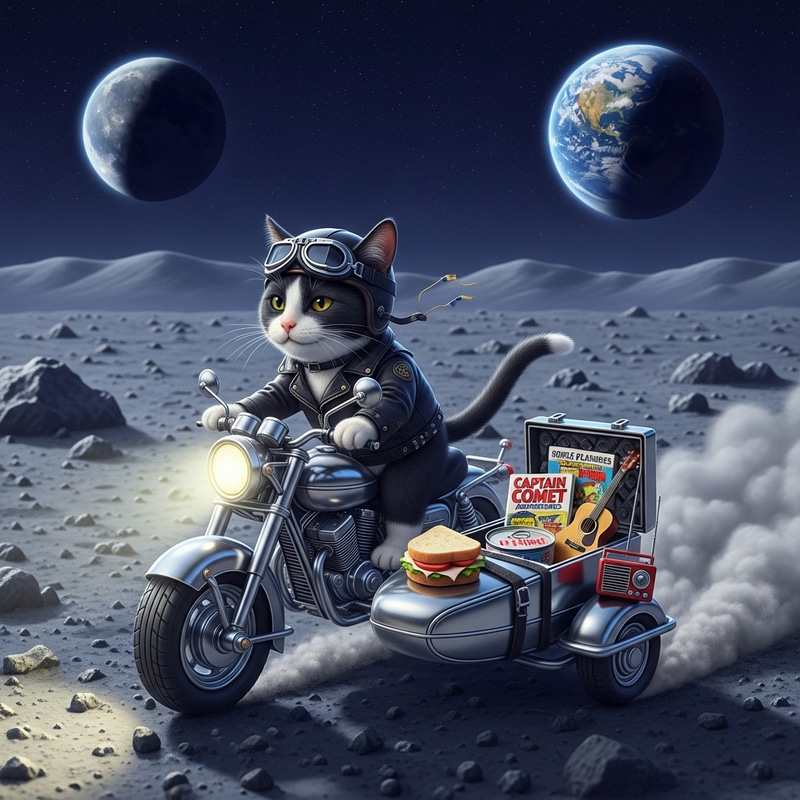 Cat Riding Motorcycle on Moon - Indulging in Simple Pleasures Cat Riding Motorcycle on Moon - Indulging in Simple Pleasures