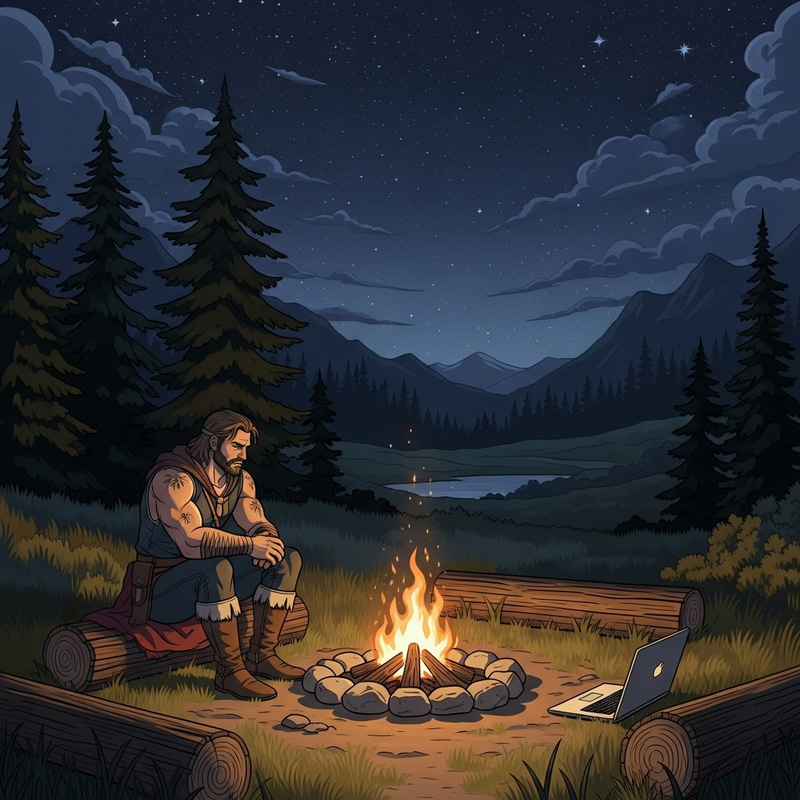 Pioneer Warrior by Campfire with Laptop in Wilderness