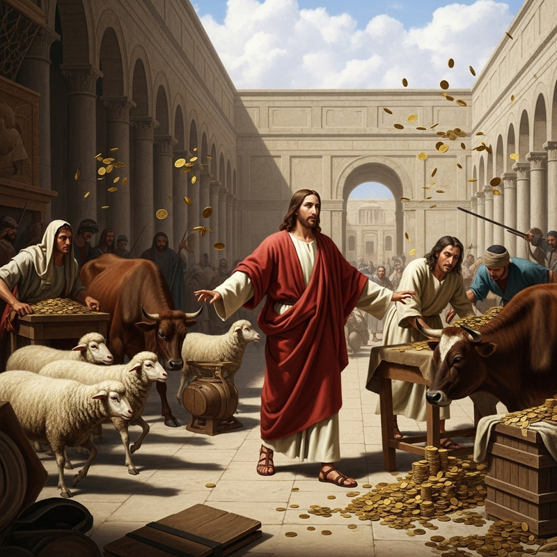 Jesus Driving out Merchants from the Temple: Scene of Chaos and Urgency Jesus Driving out Merchants from the Temple: Scene of Chaos and Urgency