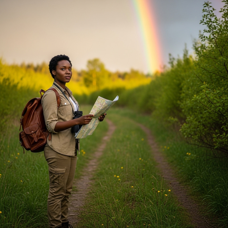 Adventurous Black Female Traveler Explores Uncharted Forest Path with Binoculars and Map