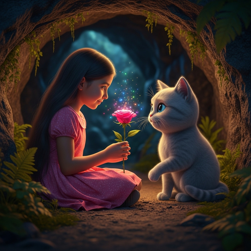Enchanting Fantasy Scene: Young Girl and Cat in Jungle Cave with Sparkling Rose Enchanting Fantasy Scene: Young Girl and Cat in Jungle Cave with Sparkling Rose