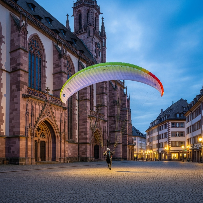 Paraglider Landing at Münsterplatz, Freiburg, Germany Paraglider Landing at Münsterplatz, Freiburg, Germany