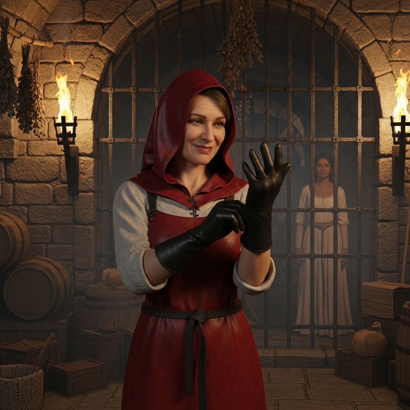 Medieval Woman in Red Leather Hood and Apron, Torch-lit Castle Cellar