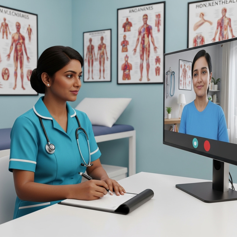 South Asian Female Nurse in Telehealth Session with Virtual Patient South Asian Female Nurse in Telehealth Session with Virtual Patient