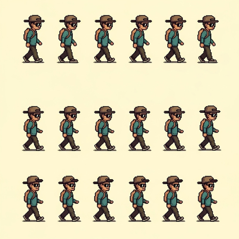 Pixel Art Spritesheet: Teen Guy Walking with Cap, Backpack, and Sunglasses Pixel Art Spritesheet: Teen Guy Walking with Cap, Backpack, and Sunglasses
