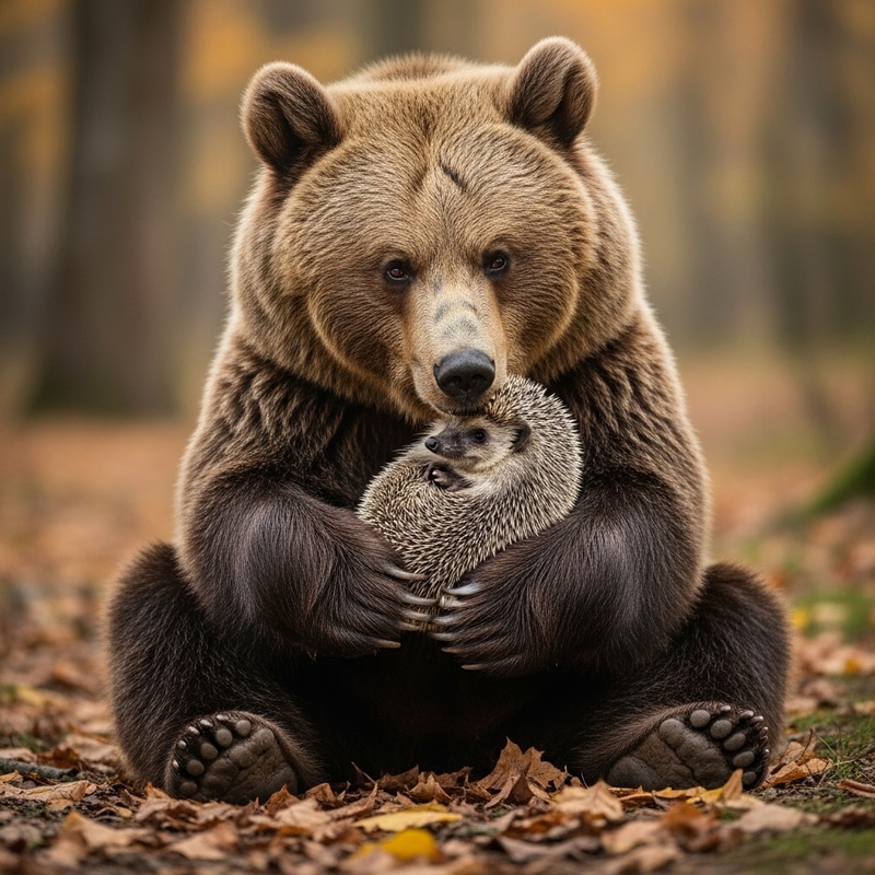 Tender Bear Embracing Cute Hedgehog in Serene Forest Scene Tender Bear Embracing Cute Hedgehog in Serene Forest Scene