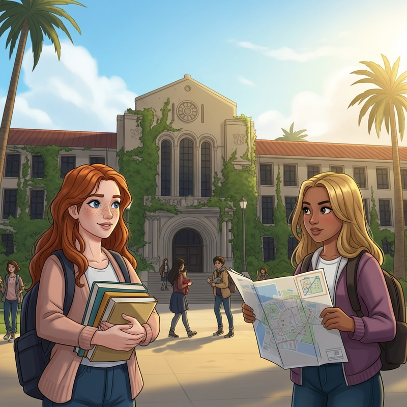 Inclusive University Scene: Redhead and Blonde Students Embracing School Life