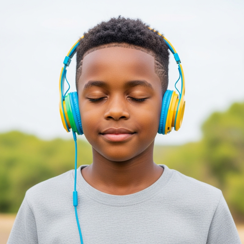 Serene Portrait of a Young African Boy Immersed in Music