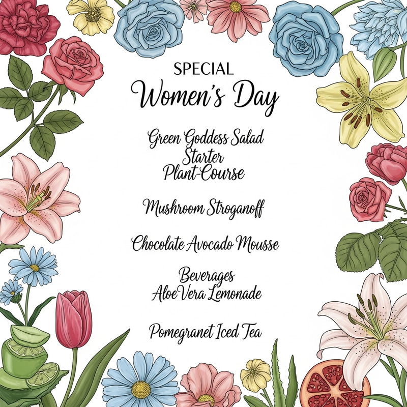 Women's Day Menu: Feminine Plant-Based Selections & Beverages