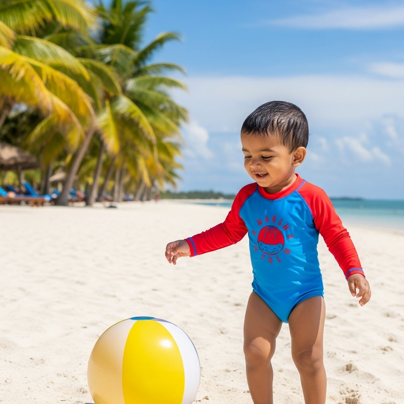 Vibrant South Asian Toddler in Red & Blue Swimsuit Playing on Sunny Beach Vibrant South Asian Toddler in Red & Blue Swimsuit Playing on Sunny Beach