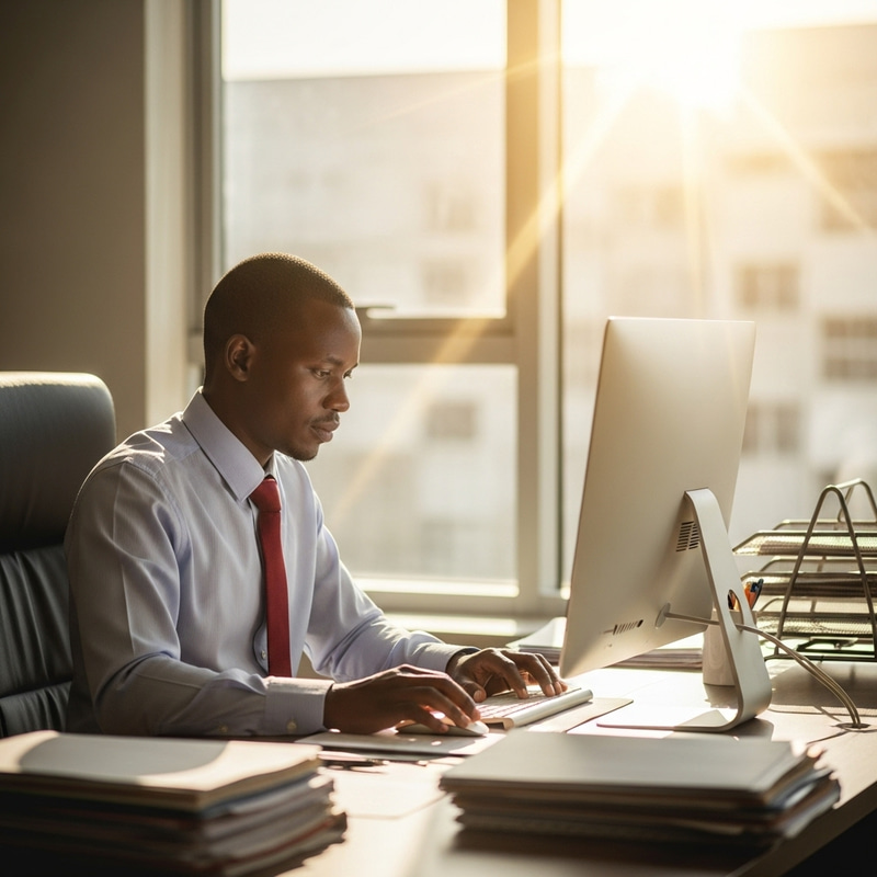 Kenyan Man Working in Office as Sun Shines Through Window Kenyan Man Working in Office as Sun Shines Through Window