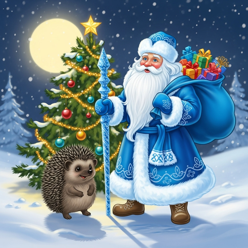 Hedgehog with Tree and Santa Claus: Russian Winter Celebration