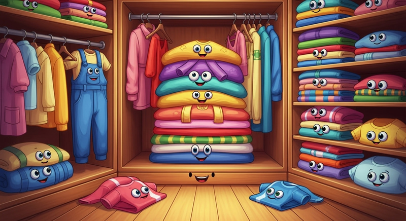 Colorful Cartoon Wardrobe Overflowing with Playful Clothes
