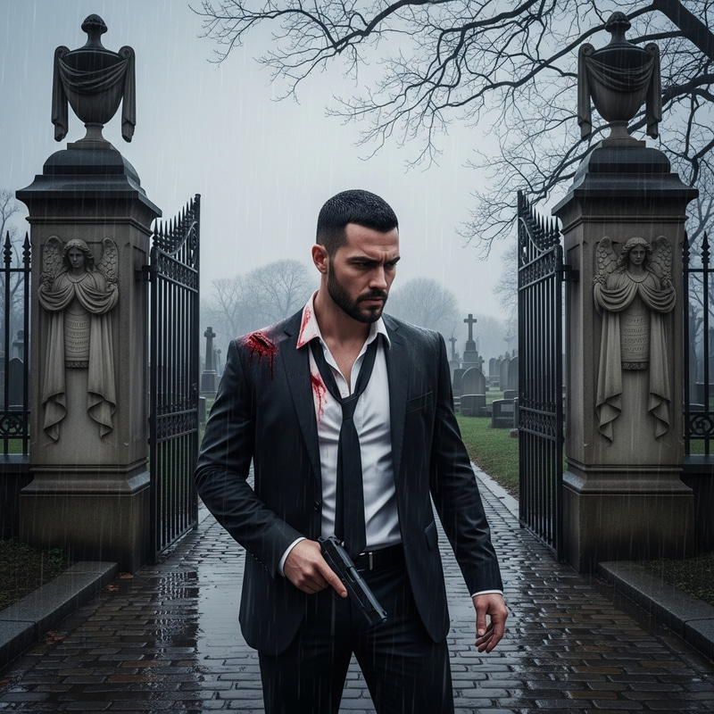Mysterious Man in Black Suit Stands at Rainy Cemetery Gates Mysterious Man in Black Suit Stands at Rainy Cemetery Gates
