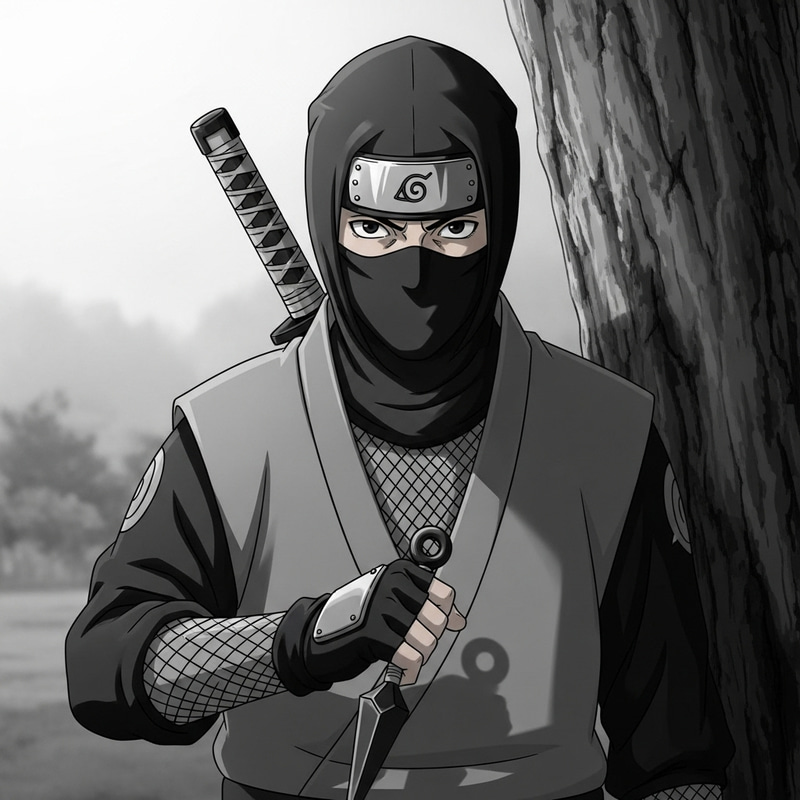 Mysterious Ninja with Obito Uchiha Eyes Holds Kunai by Tree Mysterious Ninja with Obito Uchiha Eyes Holds Kunai by Tree