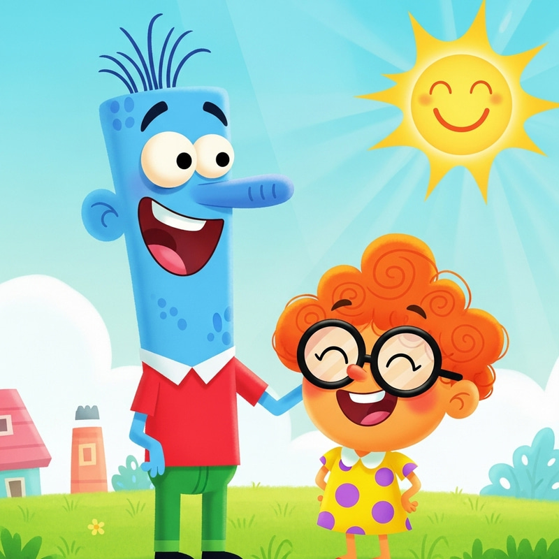Two Colorful Cartoon Characters Laughing Together