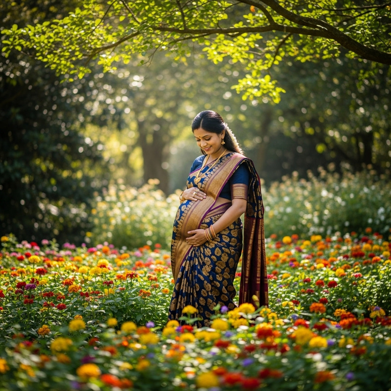 Indian Pregnant Woman in Traditional Saree - Serene Garden Scene Indian Pregnant Woman in Traditional Saree - Serene Garden Scene