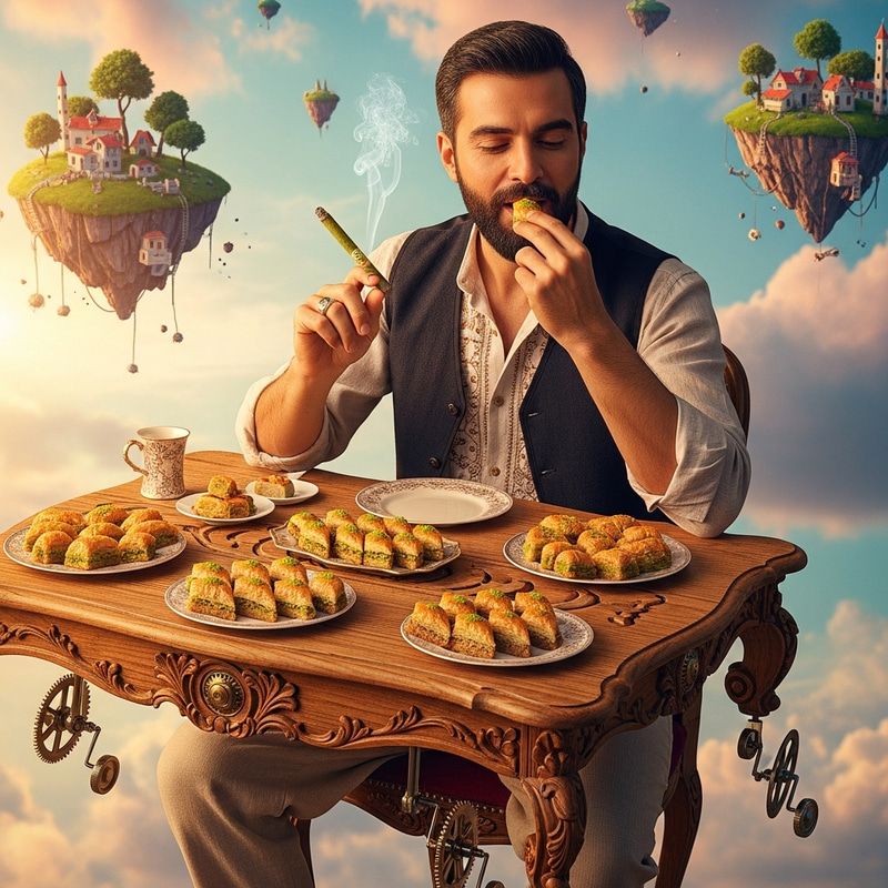 Turkish Man Enjoying Herbal Cigar & Eating Baklava on Flying Table