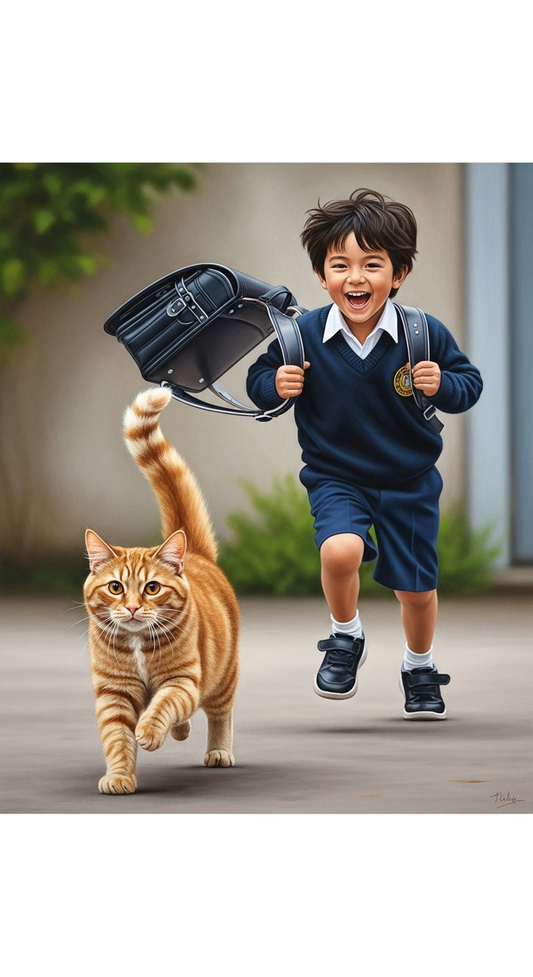 Ginger Cat Running to Dark-Haired 8-Year-Old Boy in School Uniform Ginger Cat Running to Dark-Haired 8-Year-Old Boy in School Uniform