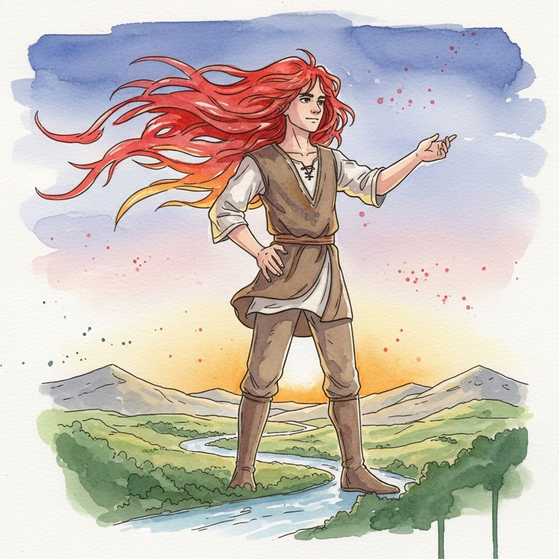 Colossal Red-Haired Giant in Watercolor Illustration