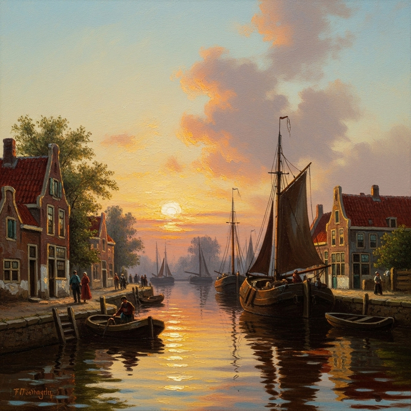 Serene Dutch Harbor at Sunset - Vibrant Colors & Brushstrokes Serene Dutch Harbor at Sunset - Vibrant Colors & Brushstrokes